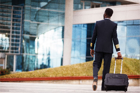 A pilot pulling a suitcase