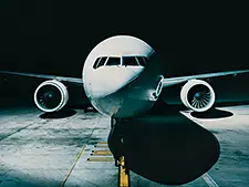 A commercial jet viewed from below