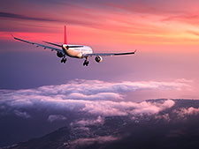 A commercial jet viewed from below